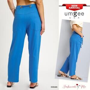 Umgee High Waist Adjustable Drawstring Casual Relaxed Fit Wide Leg Pants | Ocean